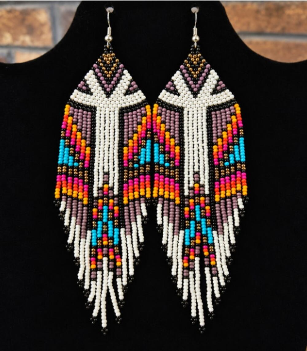 Seed Beaded Dangle Earrings Geometric White Centerpiece Orange Purple & Blue
